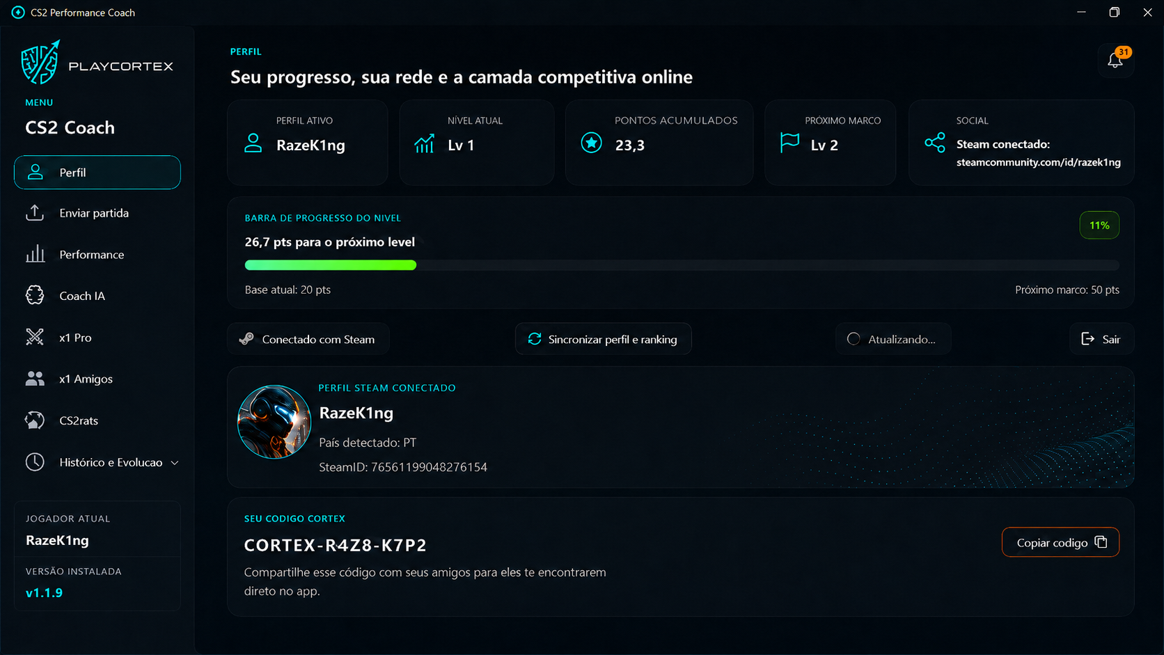 Dashboard do aplicativo CS2 Personal Coach mostrando perfil, progresso e rede social